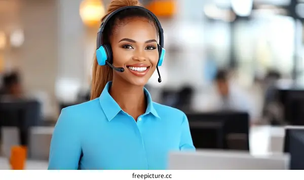 Smiling Business Woman Wearing Headset in Office