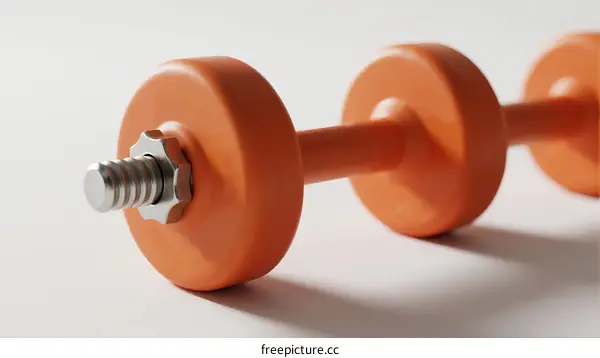 Close-up of orange dumbbells with metal bolt and handle