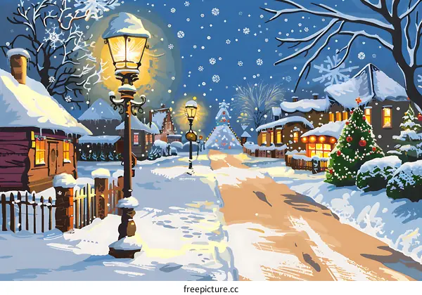 Winter Village Landscape with Snowy Street and Christmas Trees