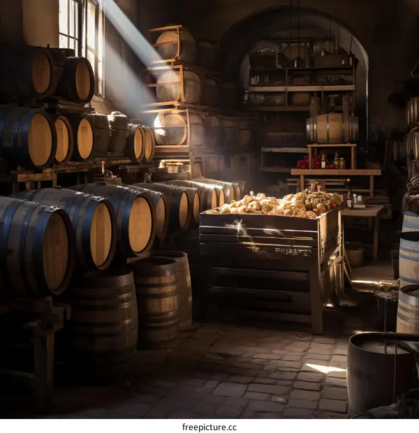 An old wine cellar with wooden barrels