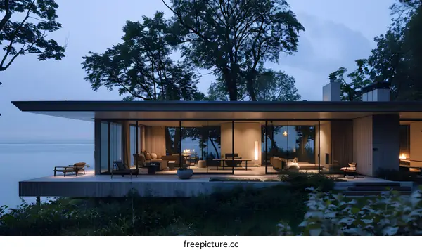 Modern Architecture Home With Large Windows Overlooking Lake
