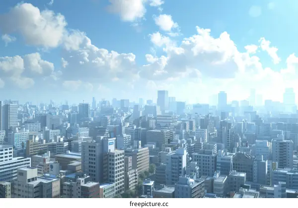 A downtown cityscape under a vibrant blue sky