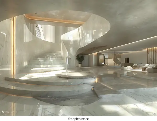 Modern Luxury Interior Design with Marble Stairs and a Circular Pool
