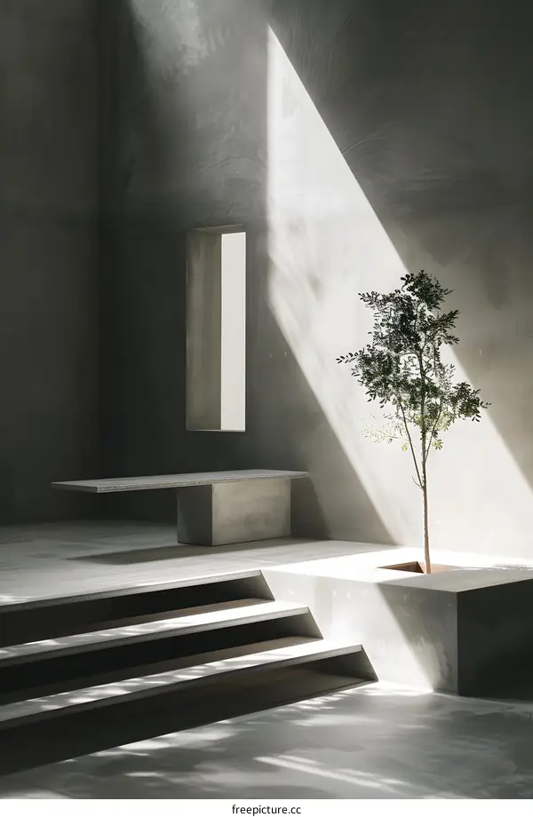 Minimalist Concrete Architecture With Tree And Sunlight