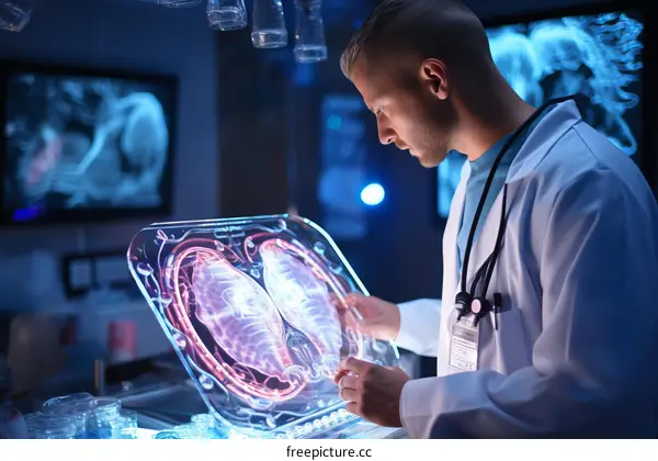 Male doctor analyzing a brain scan in a futuristic laboratory