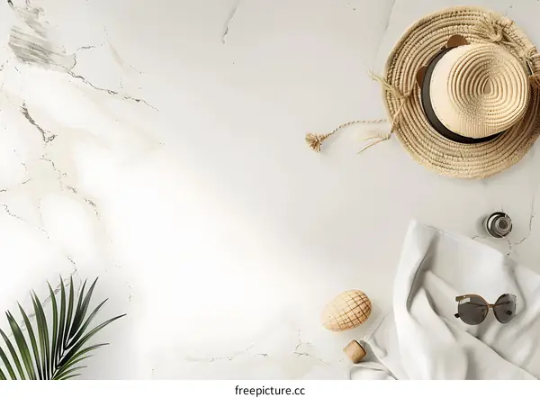 Summer Flat Lay with Hat Sunglasses and Towel on White Marble Background