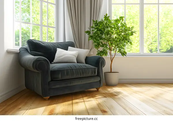 Cozy Living Room With Armchair And Plant