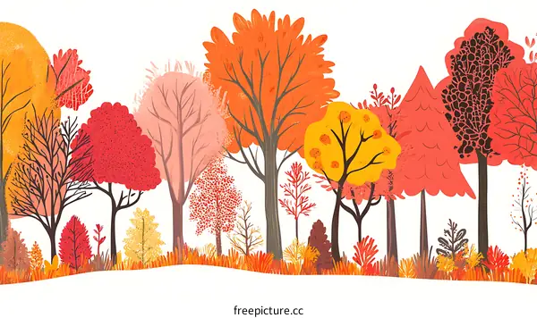 Autumn Forest Illustration With Colorful Trees And White Background
