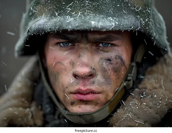Portrait of a young soldier with blue eyes and a dirty face wearing a German military helmet in the snow