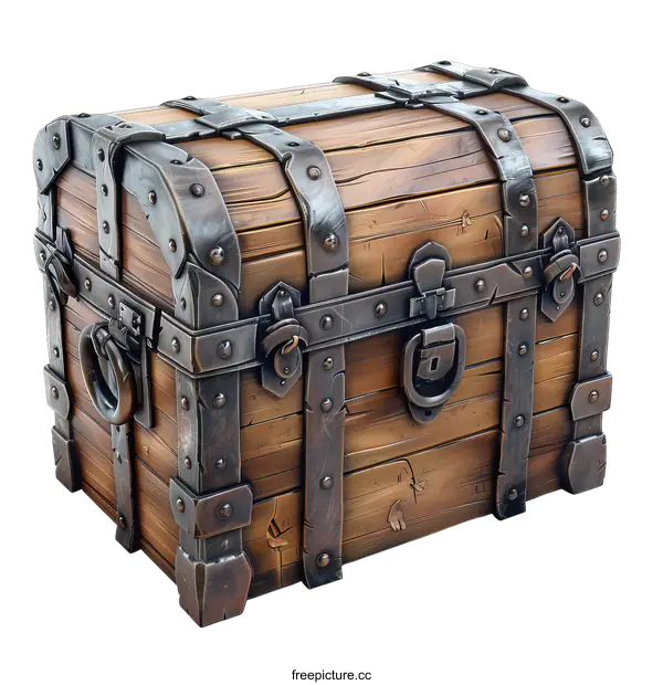 [Transparent Background PNG]An illustration of a wooden treasure chest with metal accents.