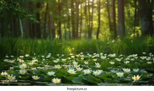 Beautiful white water lilies and green leaves on pond in forest