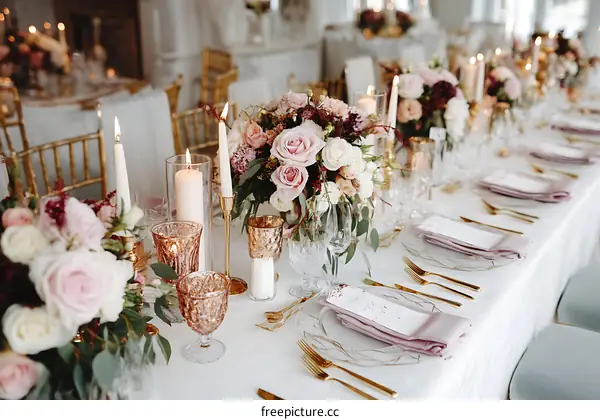 Elegant Wedding Table Setting with Rose Arrangements