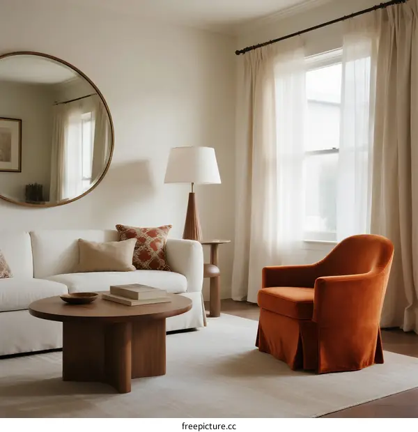 Modern Living Room with Round Mirror and Orange Armchair