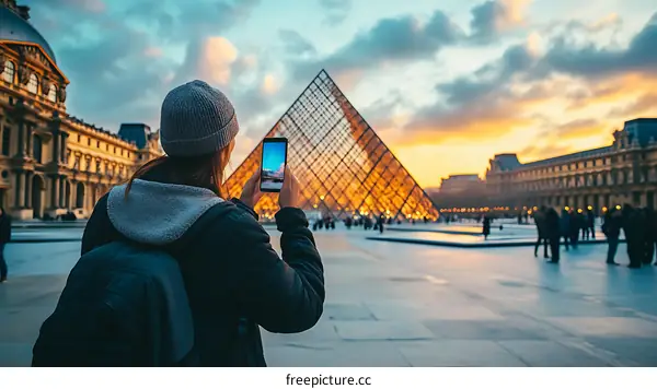 Woman taking a picture of the Louvre Pyramid in Paris