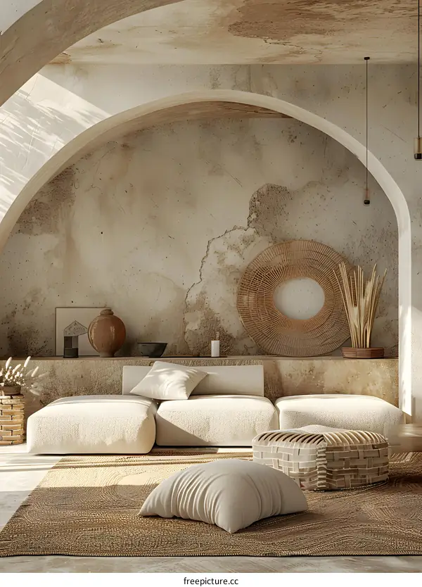 Modern interior design living room with sofa and round mirror