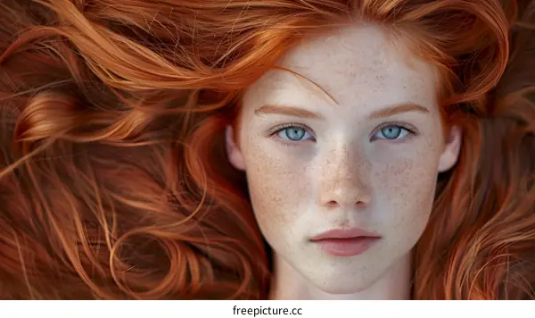 Portrait of a young woman with red hair and freckles