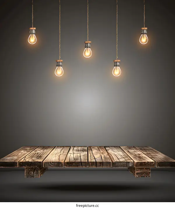 Hanging Light Bulbs Above Wooden Table