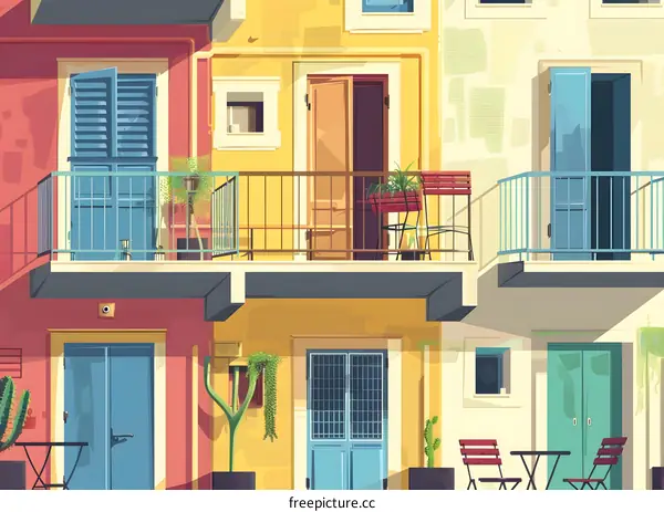 Colorful Balconies and Doors in a Mediterranean City