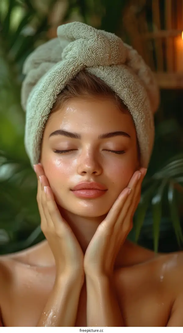 Closeup portrait of a young woman with a green towel on her head and eyes closed, touching her face with a natural smile on her face