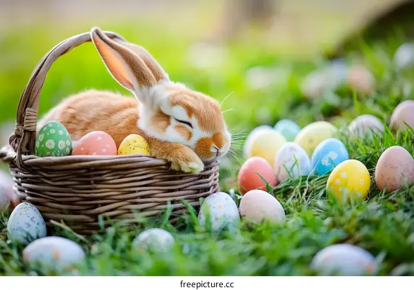 Adorable Easter Bunny in a Basket with Colorful Eggs