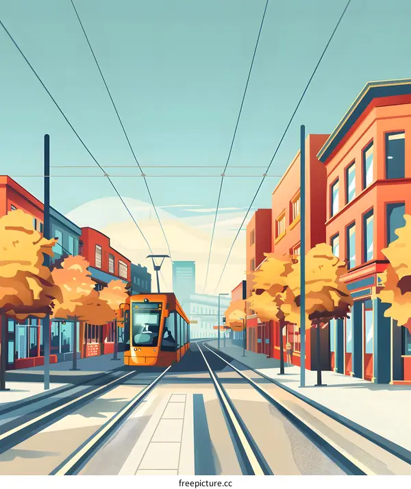 Street View With Tram Running on Rails in City