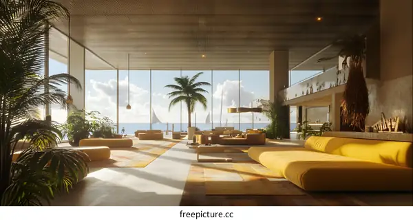 Modern Living Room with Ocean View and Palm Trees
