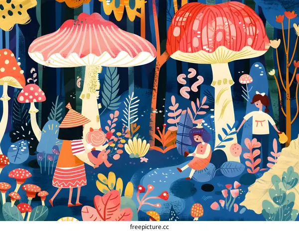 Girls Playing in a Colorful Mushroom Forest