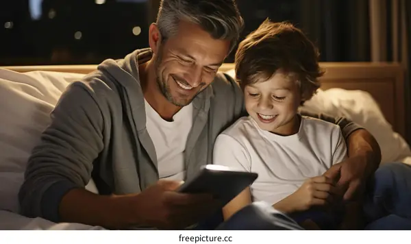 Father and son are watching a video on a tablet