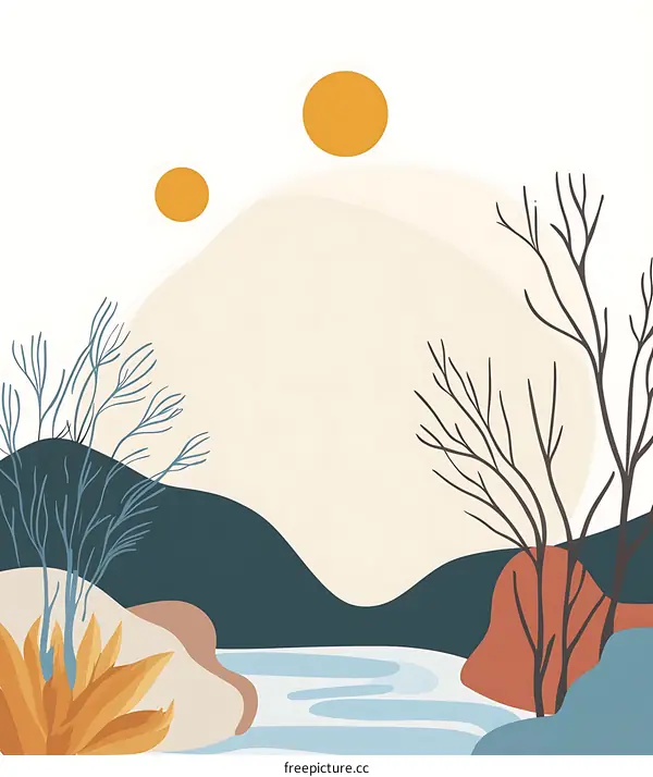 Abstract Minimalist Landscape with Bare Trees and Mountains