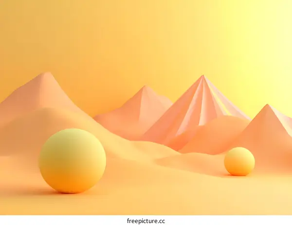 Abstract Minimalist 3D Yellow Background With Orange Mountains And Spheres