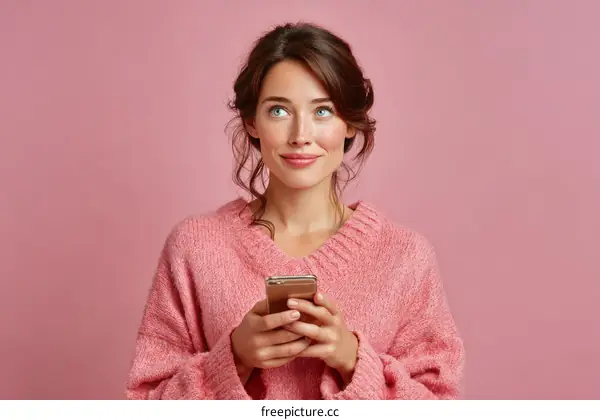 Woman in a Pink Sweater Looking Up at Phone