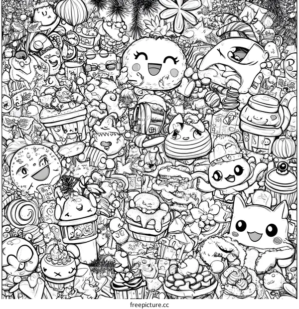 Doodle Art with Cute Characters and Food