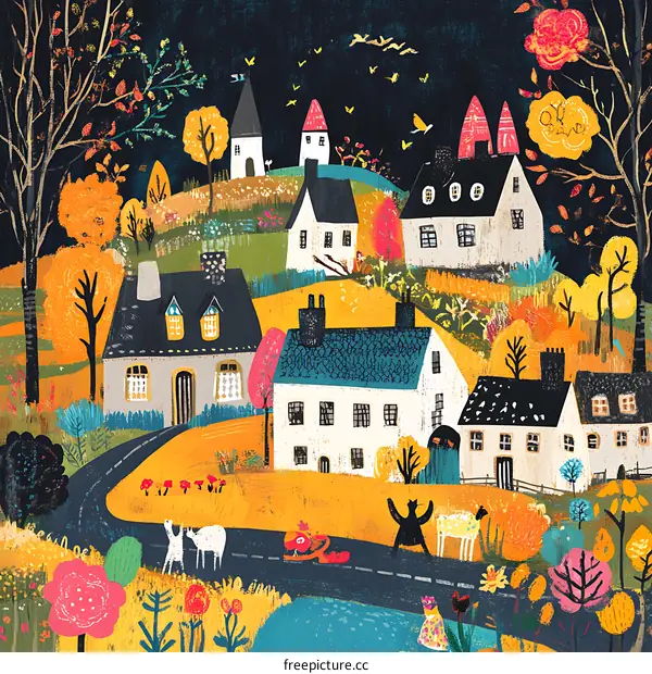 Colorful Autumn Village Landscape Illustration