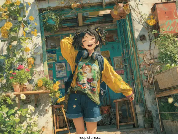 Charming Girl in a Vibrant Alleyway Illustration