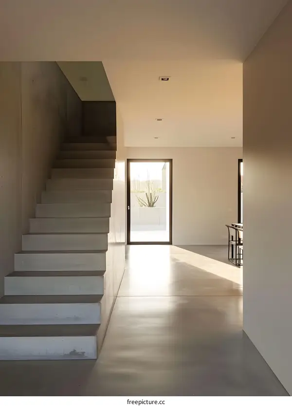 Modern Concrete Stairs and Hallway with Door Leading to Backyard