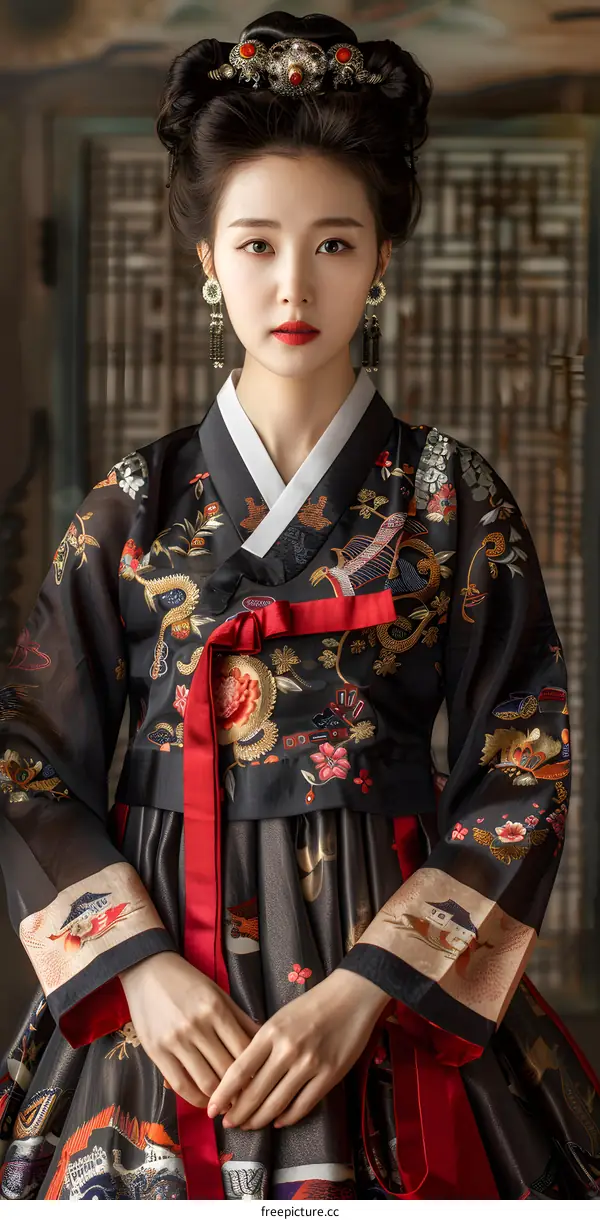 Portrait of a young woman in traditional Korean dress, or Hanbok
