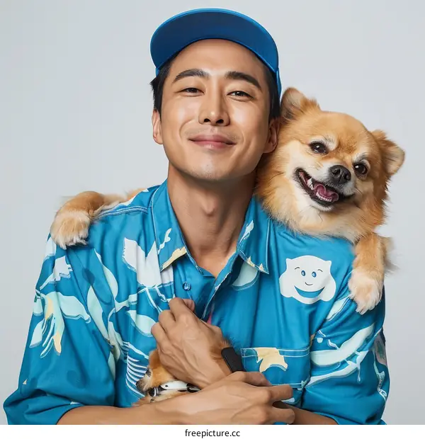 A smiling Asian man wearing a blue cap and blue shirt poses with a small brown dog
