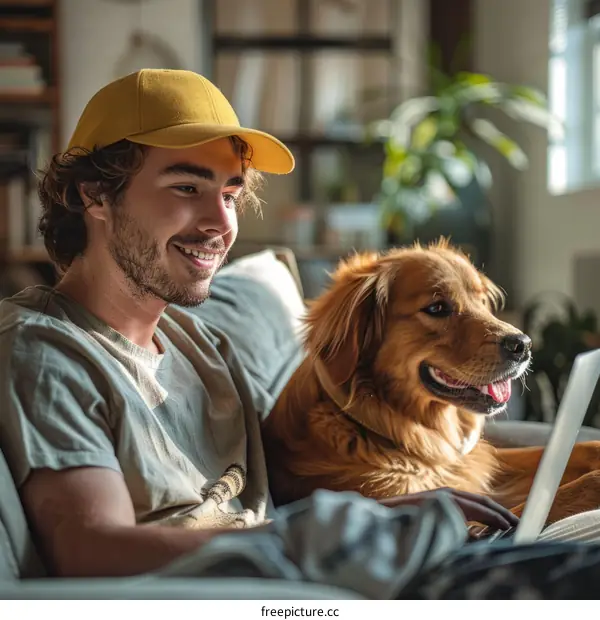 Young man with a dog sitting on a couch and looking at a laptop