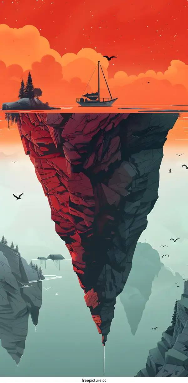 Inverted Island with Sunset and Sailboat Illustration