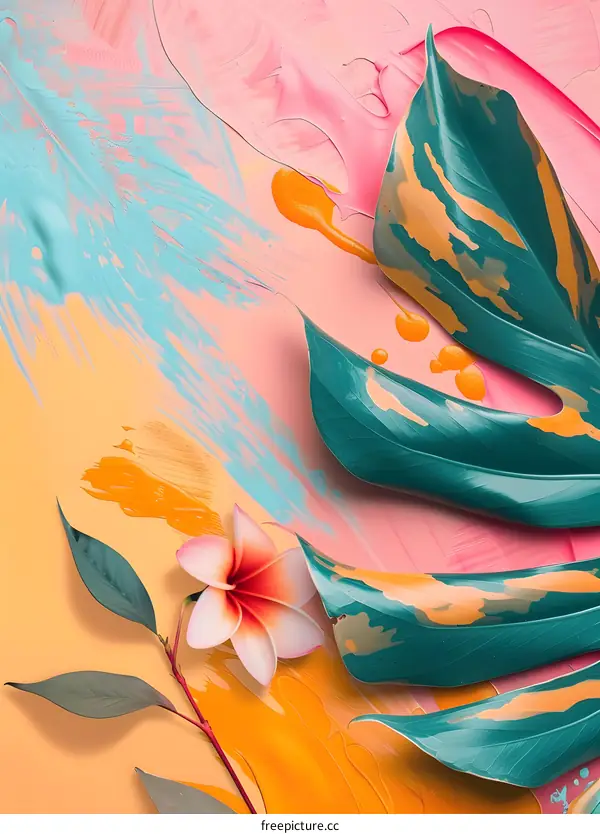 Tropical Leaves and Flower Abstract Painting Background