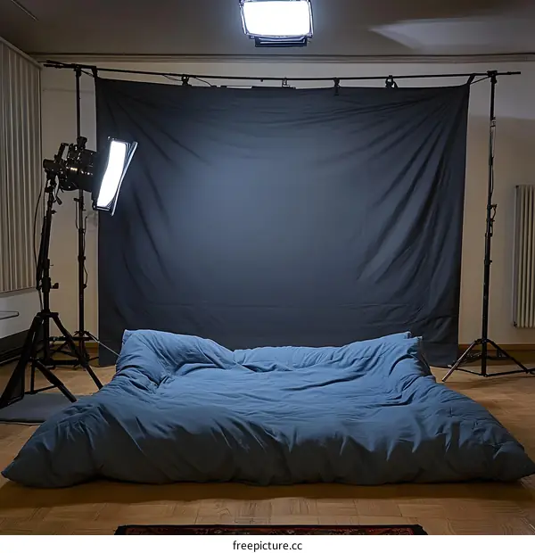 Studio Setup With Blue Duvet And Lighting Equipment