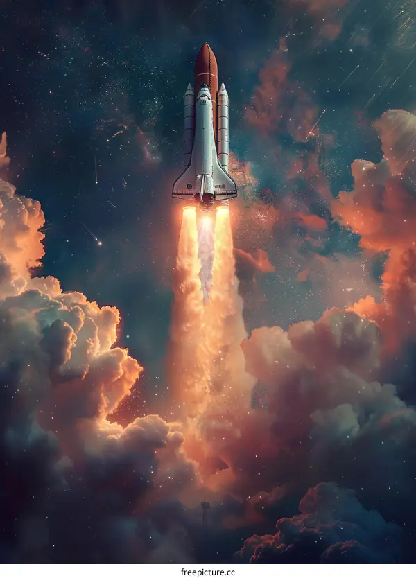 Space Shuttle Atlantis launching into the starry sky