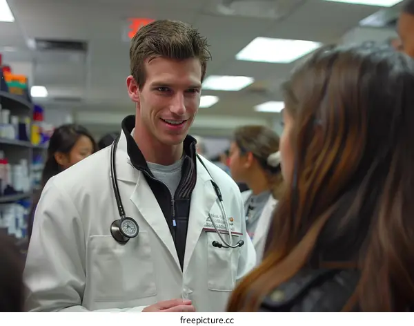 pharmacy student talking to woman