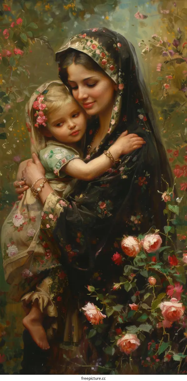 Portrait of Mother and Daughter: A Classical Oil Painting