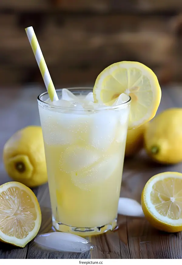 Refreshing Iced Lemonade Drink with Lemon Slice and Straw