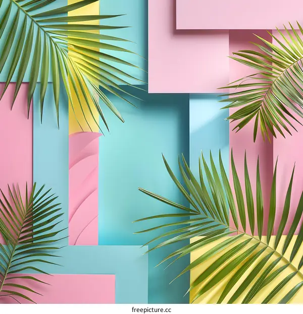 Tropical Palm Leaves on Colorful Paper Background