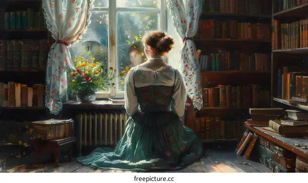 Girl in traditional dress sitting on the floor in front of a window