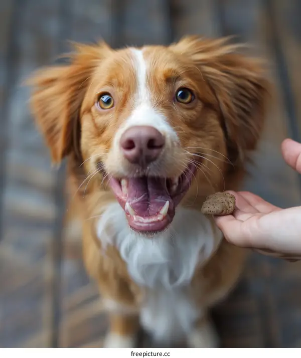 cute dog looking up at a treat in a person's hand
