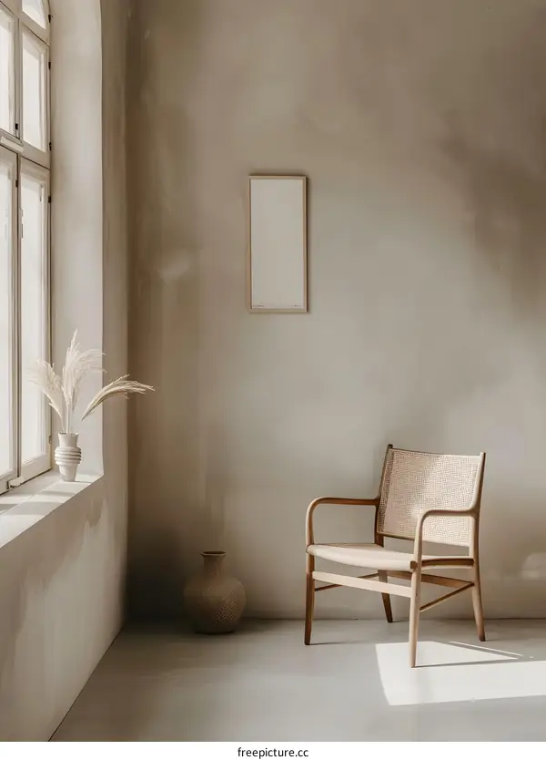 Minimalist Interior Design with Beige Walls and Wooden Chair