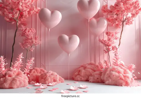 Pink heart-shaped balloons floating in a pink room